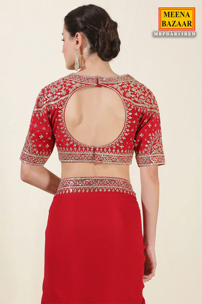 Red Georgette Zari, Sequins Embroidered Saree With Ready To Wear Blouse