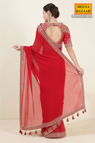 Red Georgette Zari, Sequins Embroidered Saree With Ready To Wear Blouse