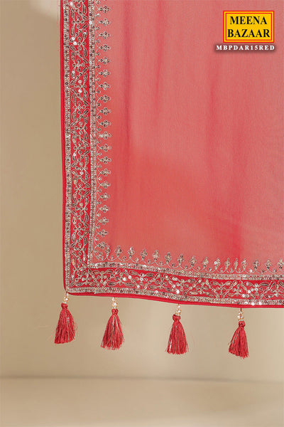 Red Georgette Zari, Sequins Embroidered Saree With Ready To Wear Blouse