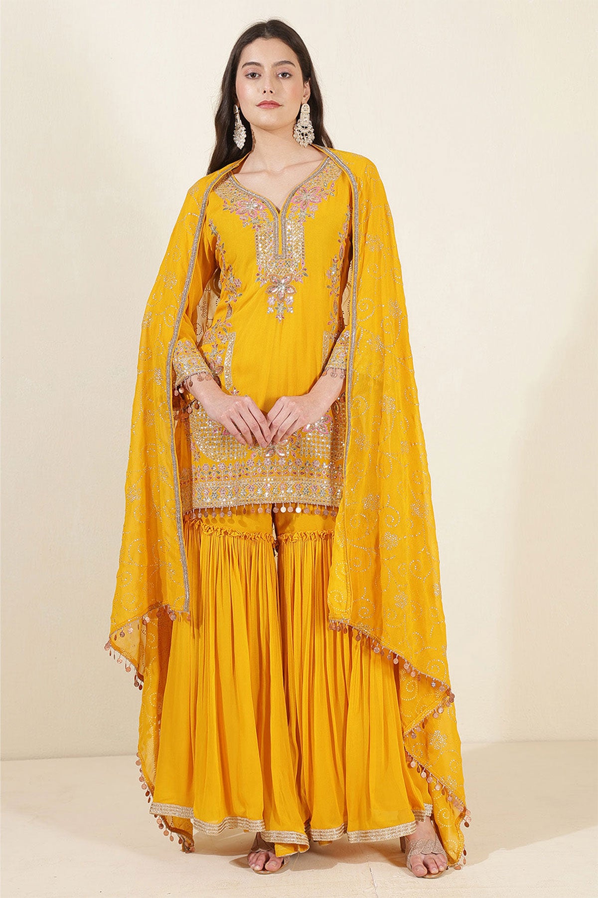 Mustard Georgette Neck Zari,Sequin Embroidered Sharara Suit Set