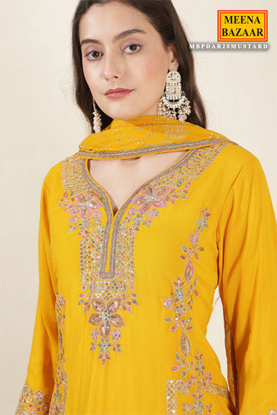 Mustard Georgette Neck Zari,Sequin Embroidered Sharara Suit Set