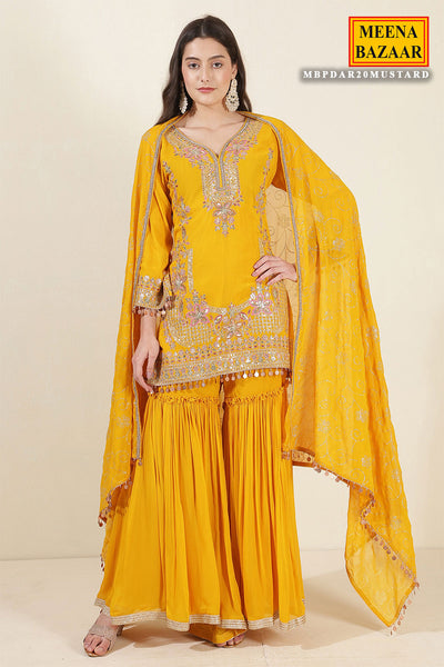 Mustard Georgette Neck Zari,Sequin Embroidered Sharara Suit Set