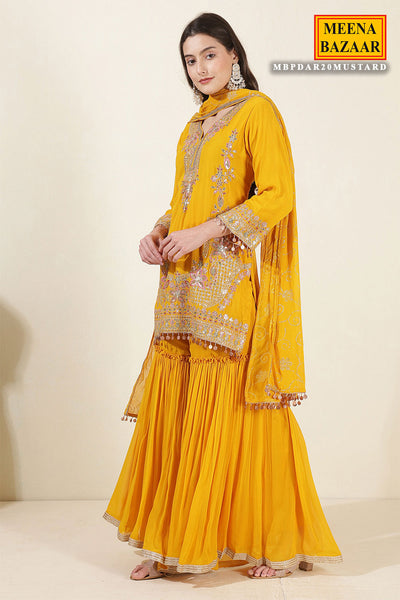 Mustard Georgette Neck Zari,Sequin Embroidered Sharara Suit Set