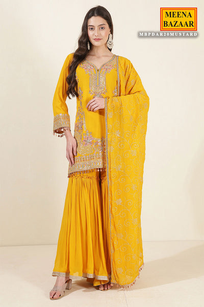 Mustard Georgette Neck Zari,Sequin Embroidered Sharara Suit Set