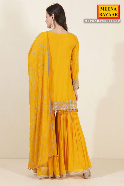 Mustard Georgette Neck Zari,Sequin Embroidered Sharara Suit Set