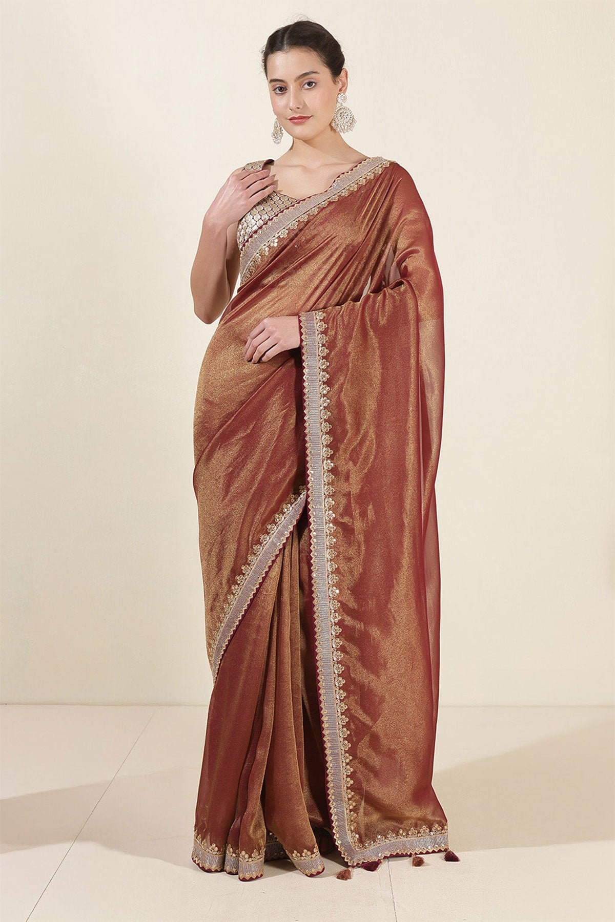 Blush Wine & Gold Shimmer Tissue Embroidered Saree with Readymade Blouse