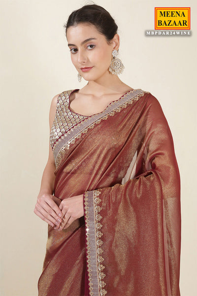 Blush Wine & Gold Shimmer Tissue Embroidered Saree with Readymade Blouse