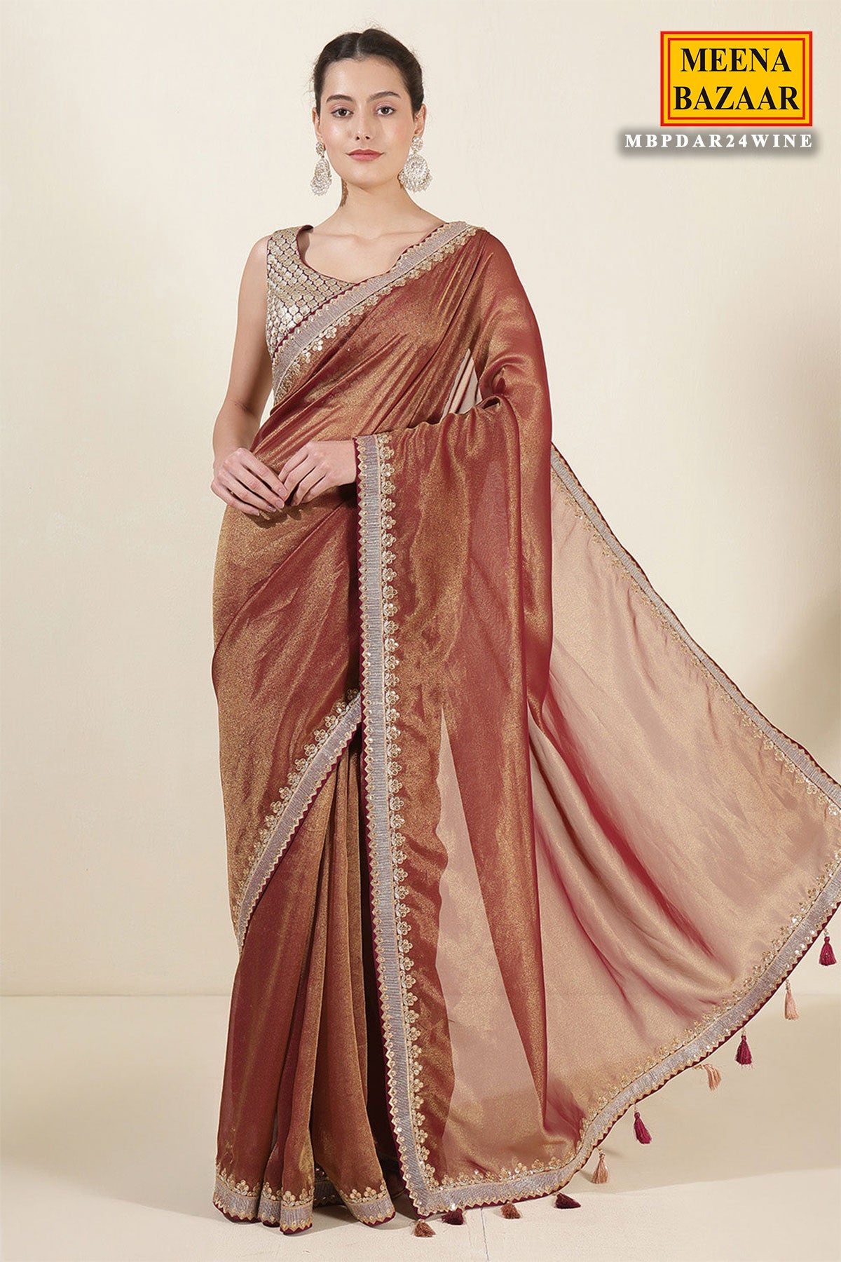 Blush Wine & Gold Shimmer Tissue Embroidered Saree with Readymade Blouse
