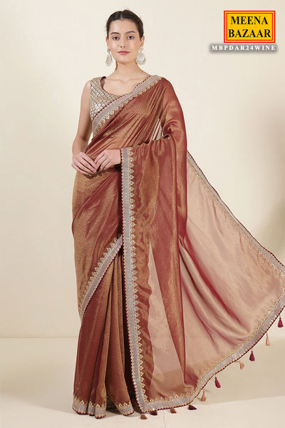 Blush Wine & Gold Shimmer Tissue Embroidered Saree with Readymade Blouse
