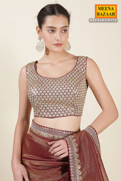 Blush Wine & Gold Shimmer Tissue Embroidered Saree with Readymade Blouse