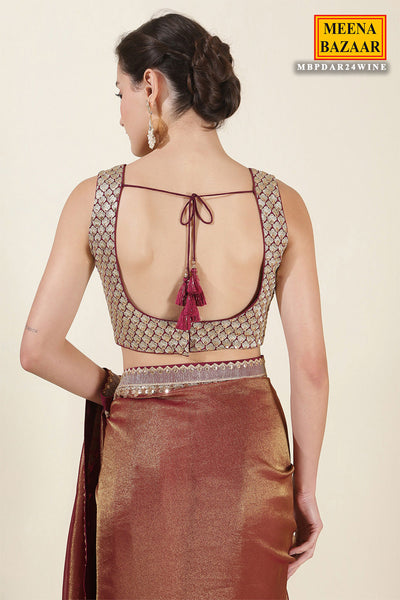 Blush Wine & Gold Shimmer Tissue Embroidered Saree with Readymade Blouse