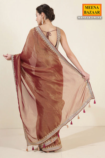 Blush Wine & Gold Shimmer Tissue Embroidered Saree with Readymade Blouse