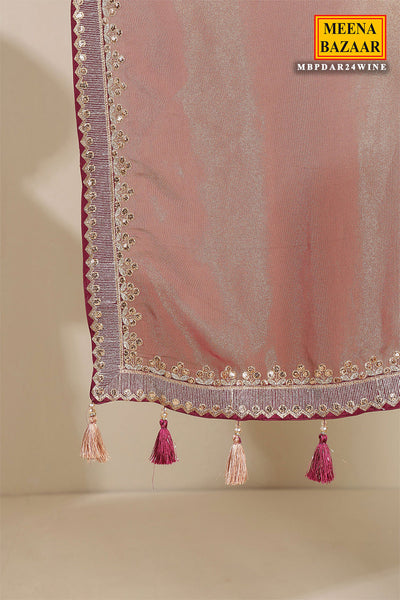 Blush Wine & Gold Shimmer Tissue Embroidered Saree with Readymade Blouse