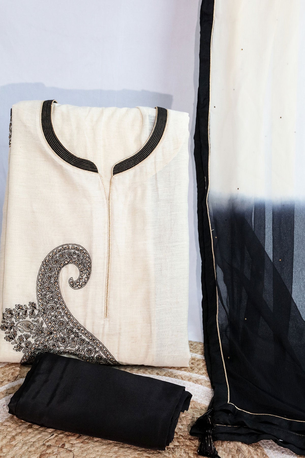 Tussar Chanderi Embroidered Unstitched Suit