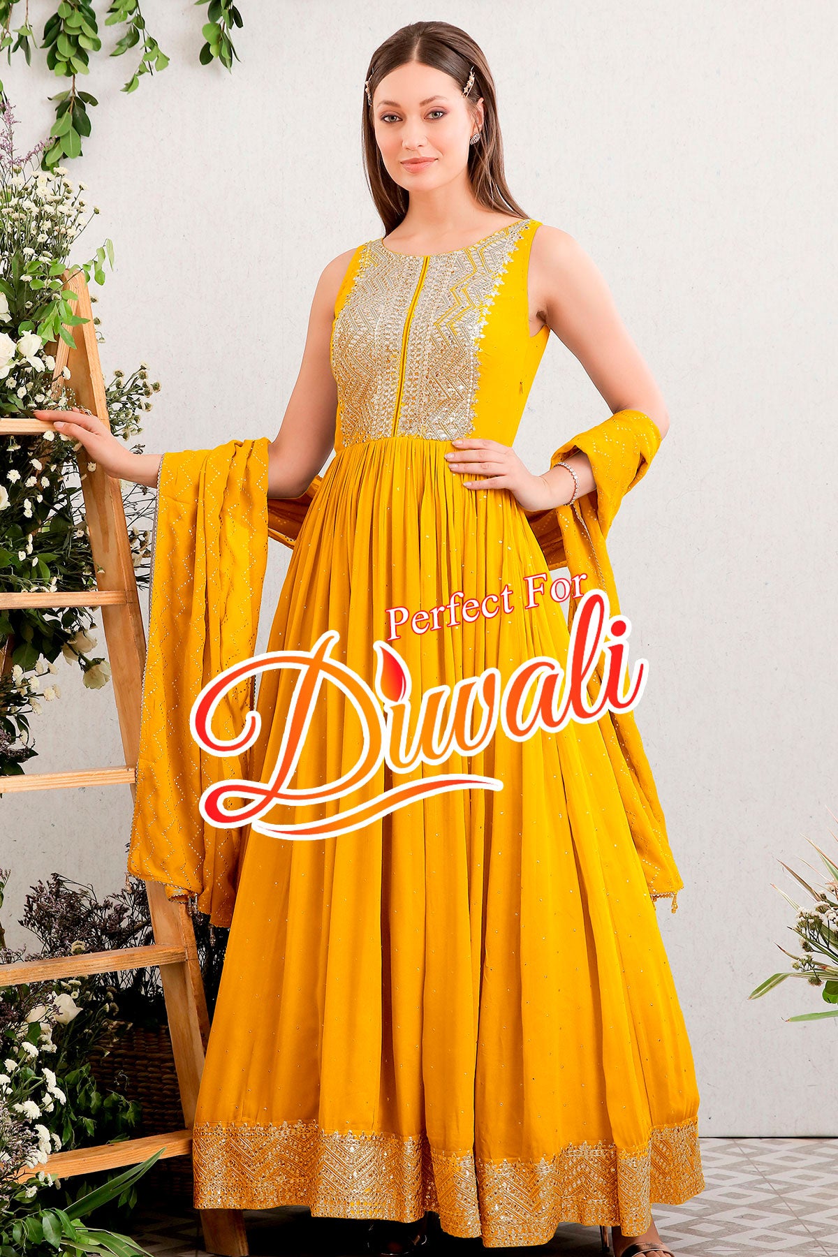 Mustard Embroidered Georgette Anarkali Floor-Length Gown and Dupatta Set