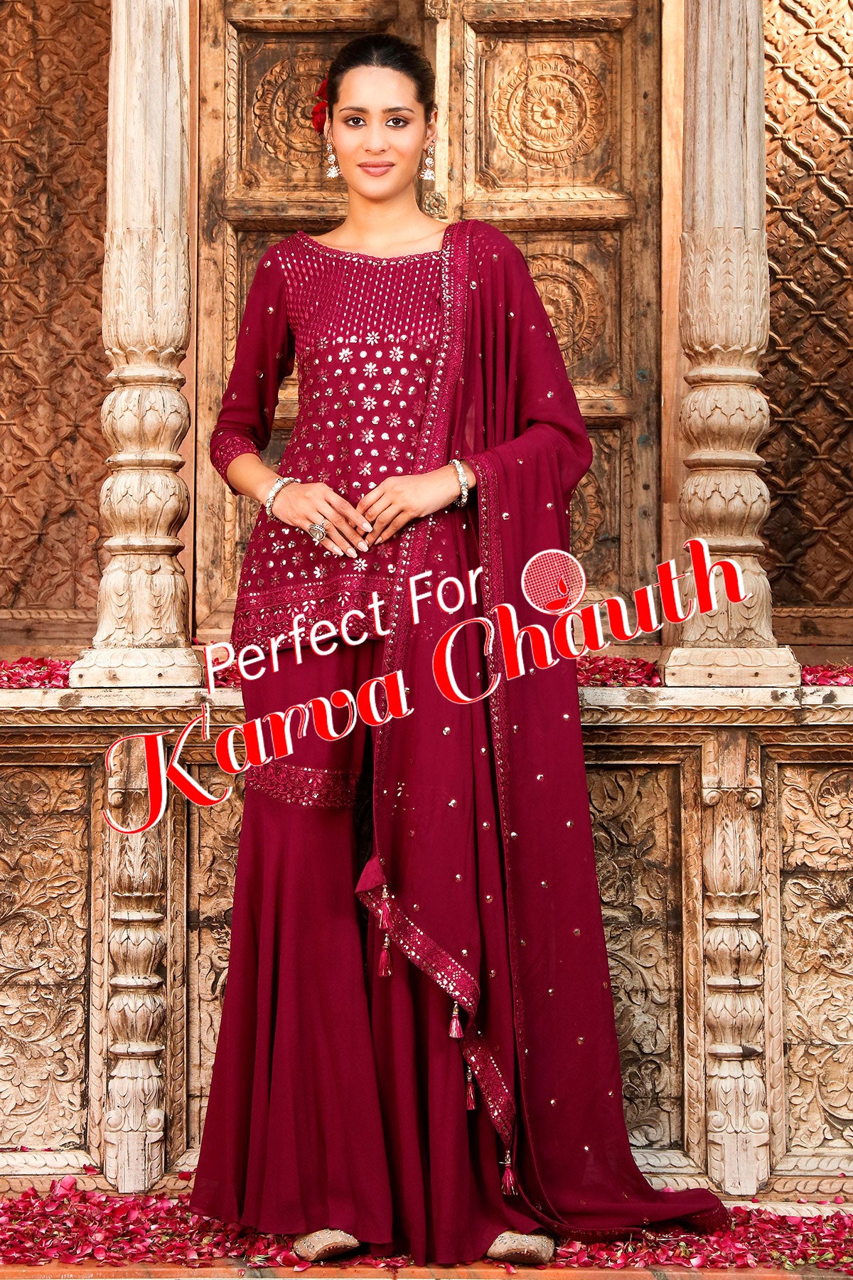 Wine Georgette Embroidered Sharara Suit