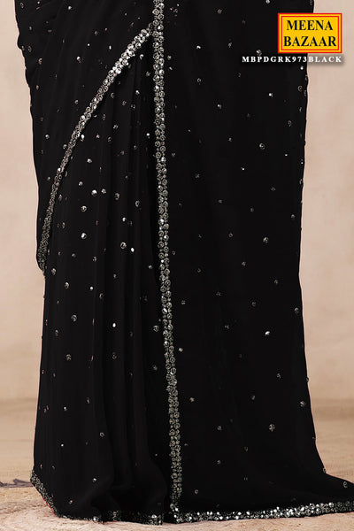 Black Georgette Saree with Zari and Sequins Embroidery