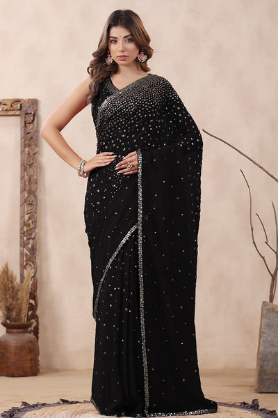 Black Georgette Saree with Zari and Sequins Embroidery