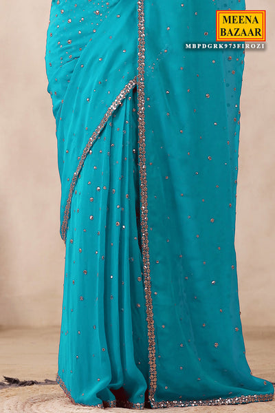 Firozi Georgette Saree with Zari and Sequins Embroidery