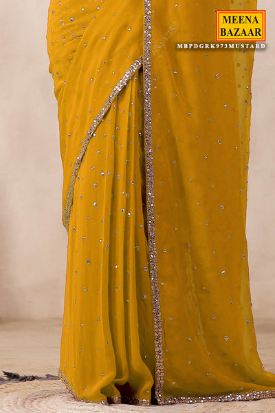 Mustard Georgette Saree with Zari and Sequins Embroidery