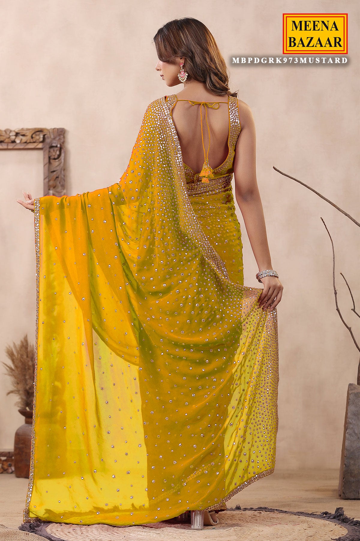 Mustard Georgette Saree with Zari and Sequins Embroidery
