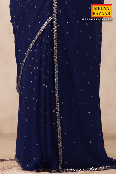 Navy Georgette Saree with Zari and Sequins Embroidery