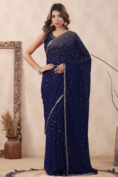 Navy Georgette Saree with Zari and Sequins Embroidery