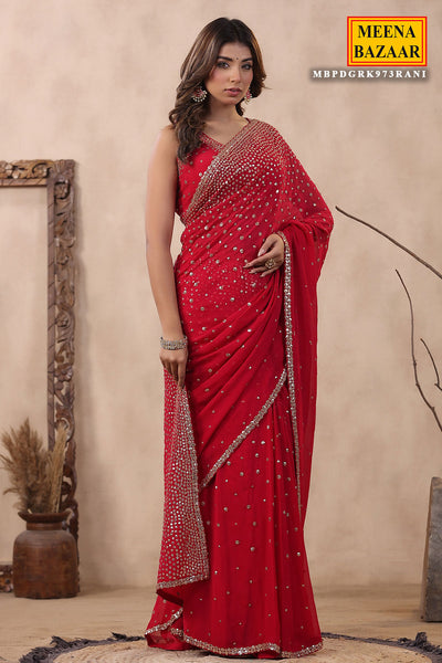 Rani Georgette Zari and Sequins Embroidered Saree with Readymade Blouse