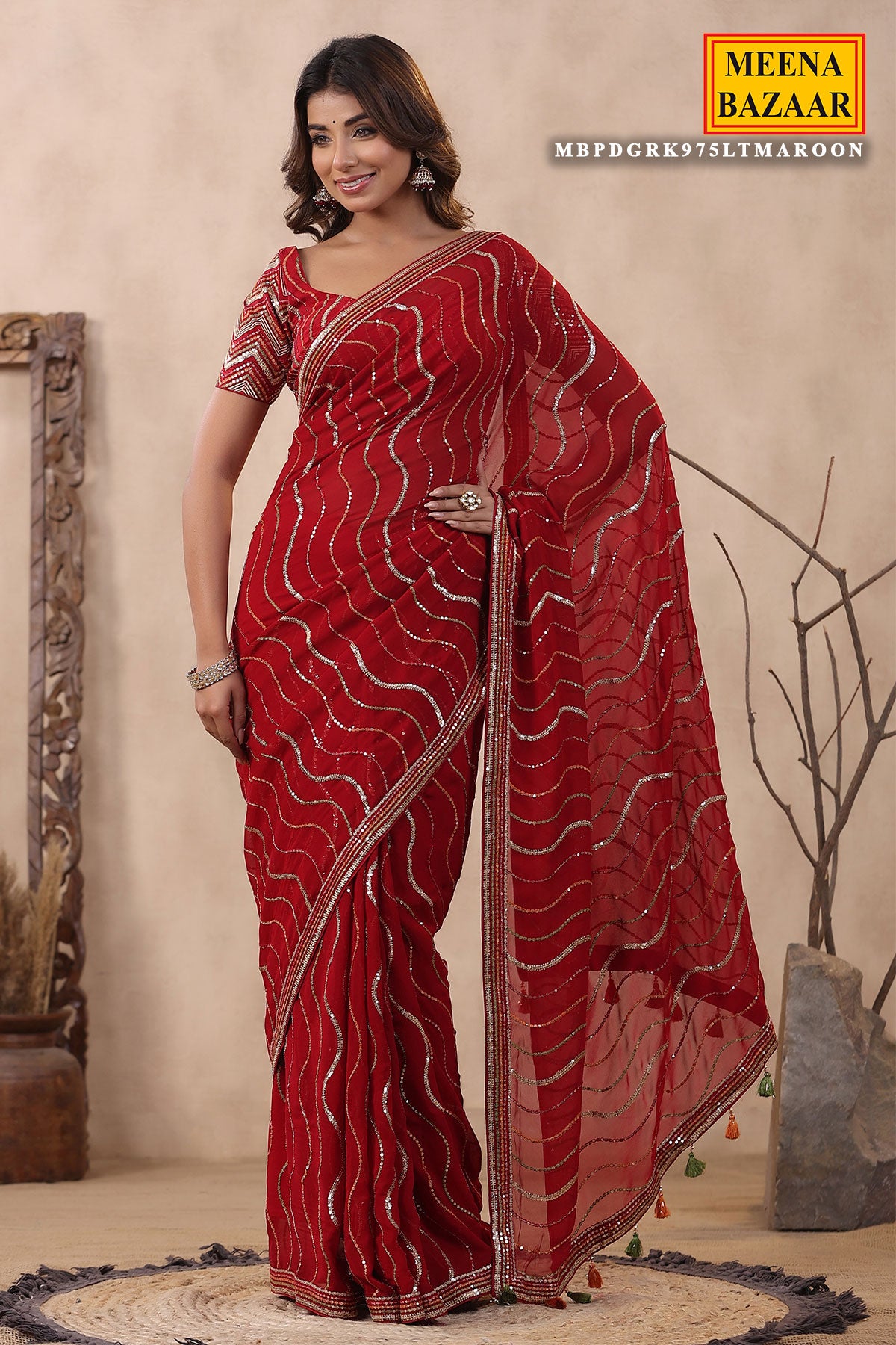 Maroon Georgette Sequins Embroidered Saree