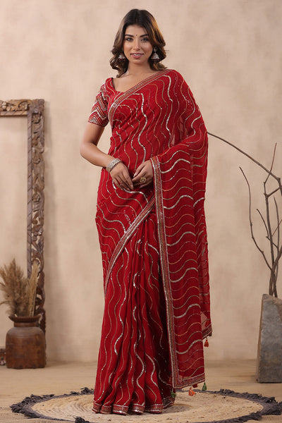 Maroon Georgette Sequins Embroidered Saree