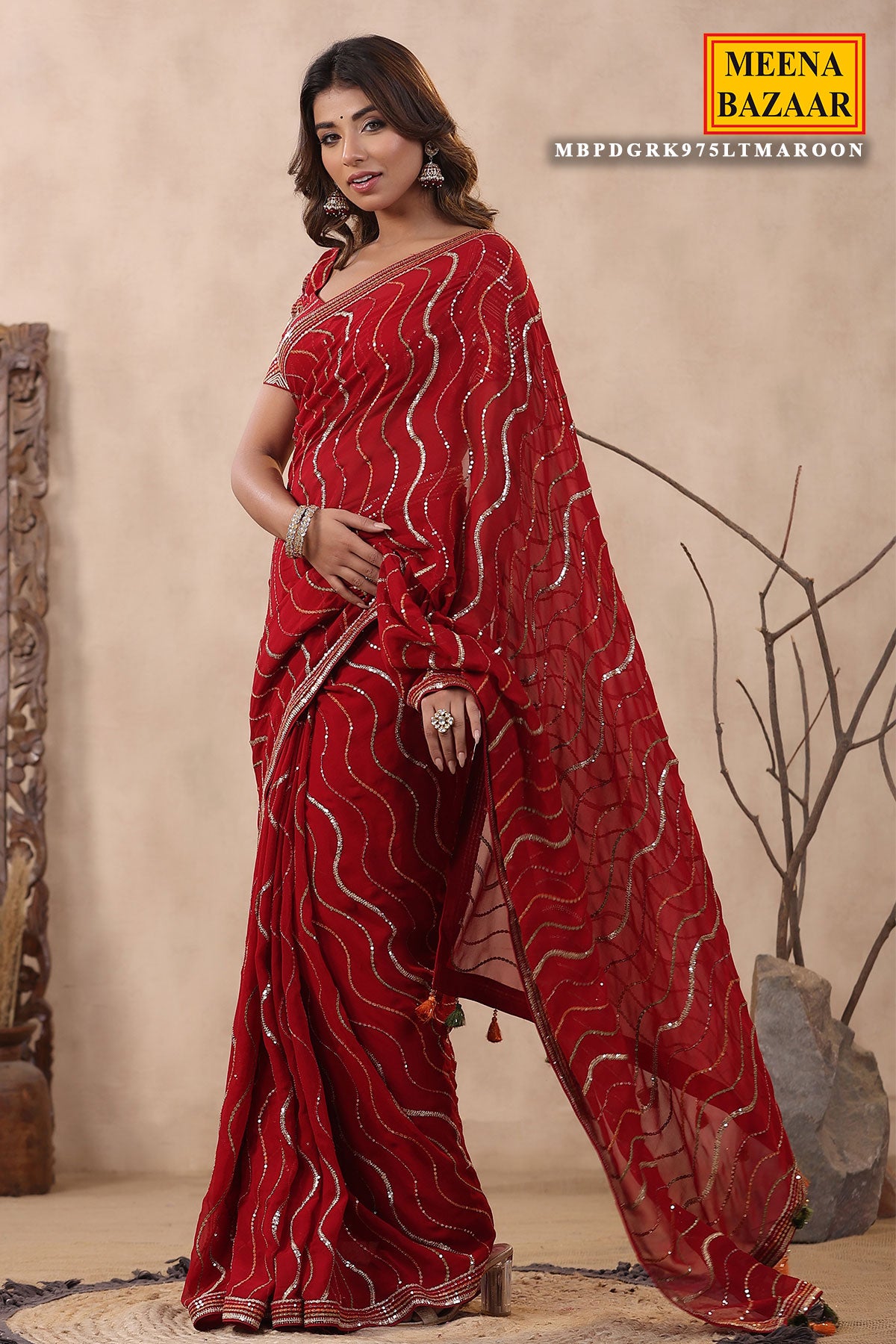 Maroon Georgette Sequins Embroidered Saree