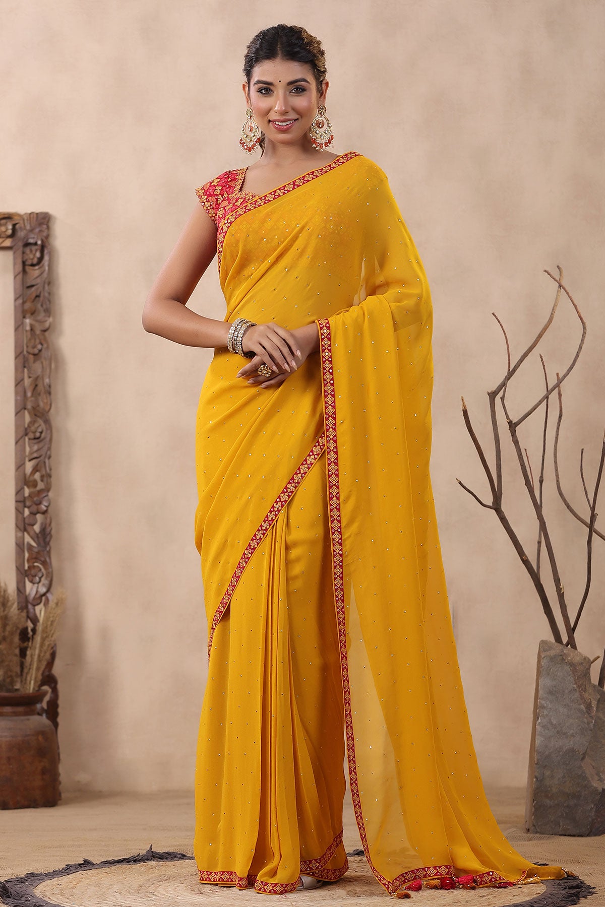 Mustard Georgette Mukaish Embroidered Saree with Readymade Blouse