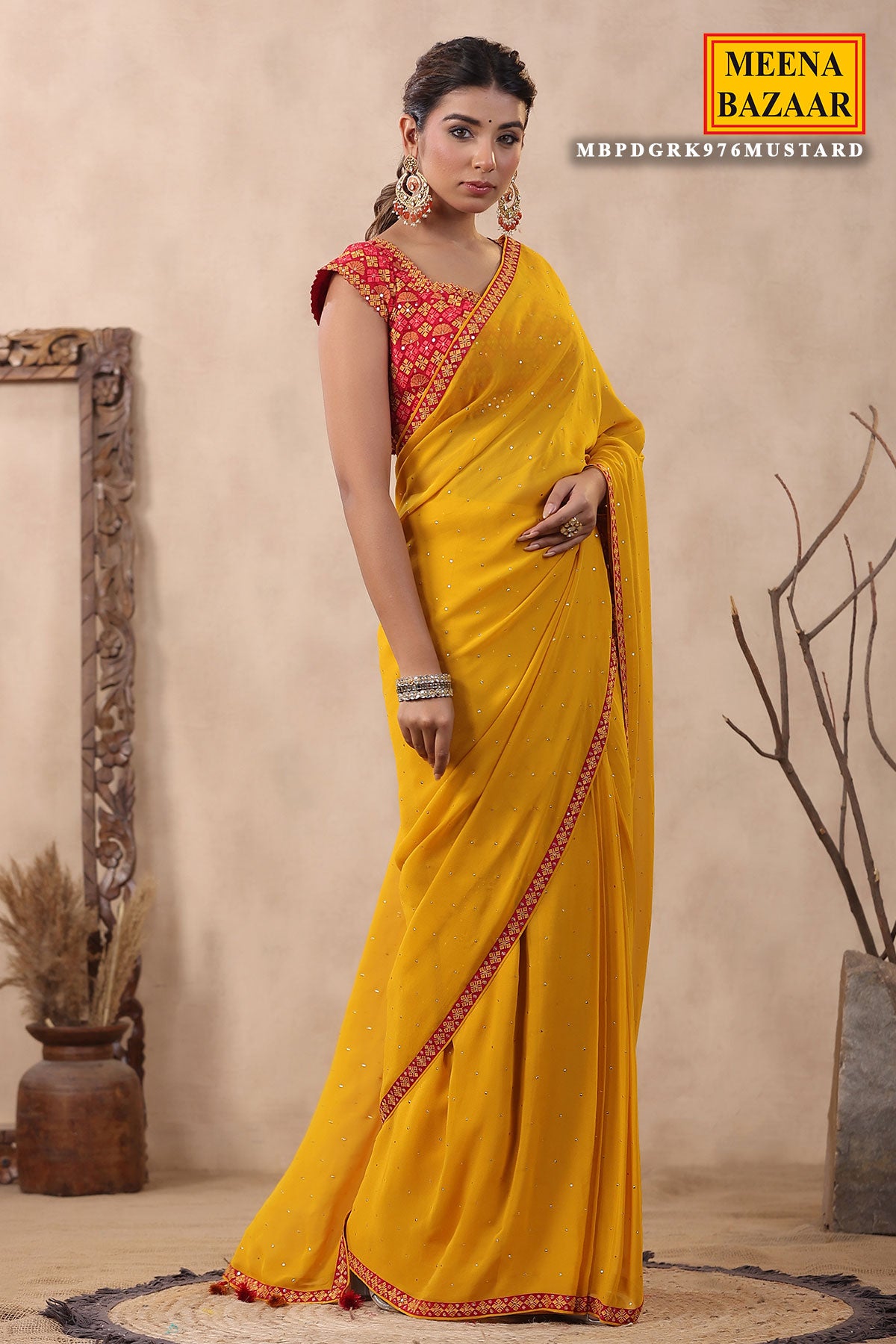 Mustard Georgette Mukaish Embroidered Saree with Readymade Blouse