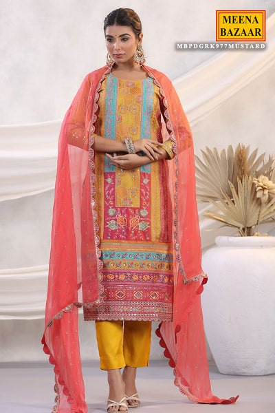 Mustard Silk Floral and Paisley Motif Threadwork and Sequins Embroidered Suit Set