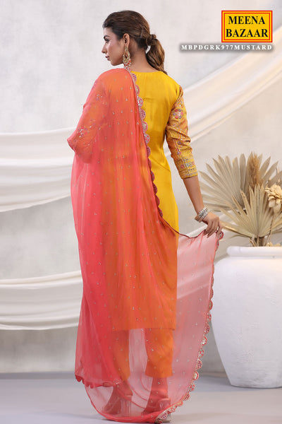 Mustard Silk Floral and Paisley Motif Threadwork and Sequins Embroidered Suit Set