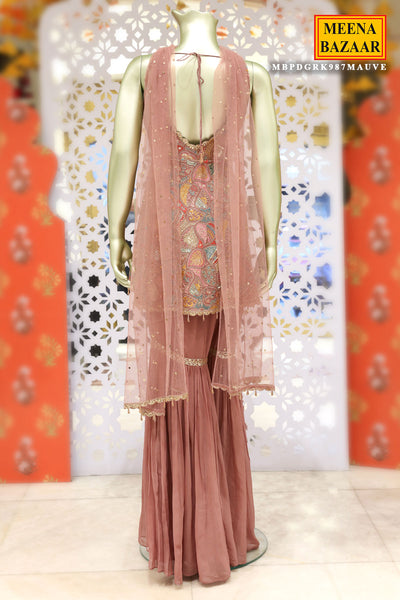 Light Mauve Georgette Threadwork and Sequins Embroidered 3-piece Sharara Suit Set