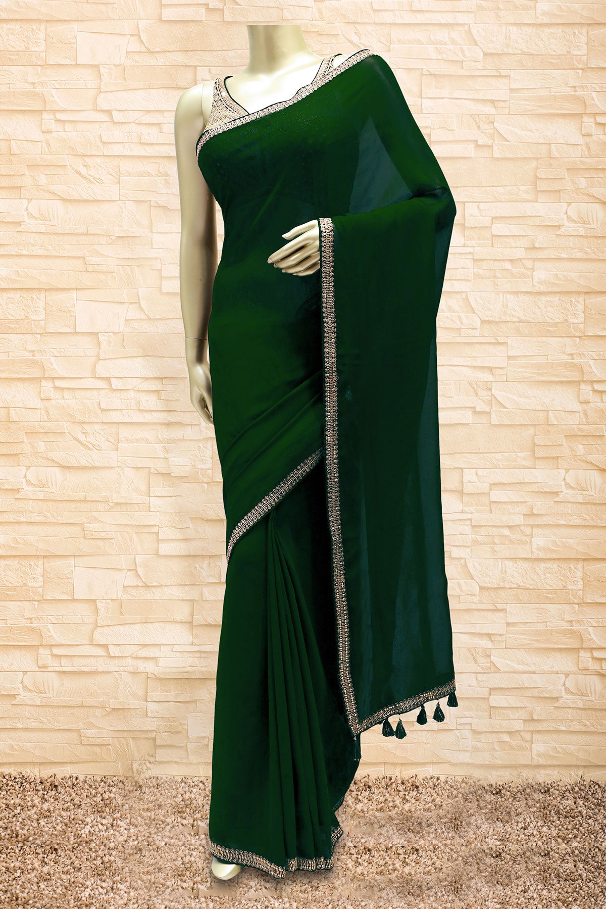 Bottle Green Georgette Sequin Embroidered Saree