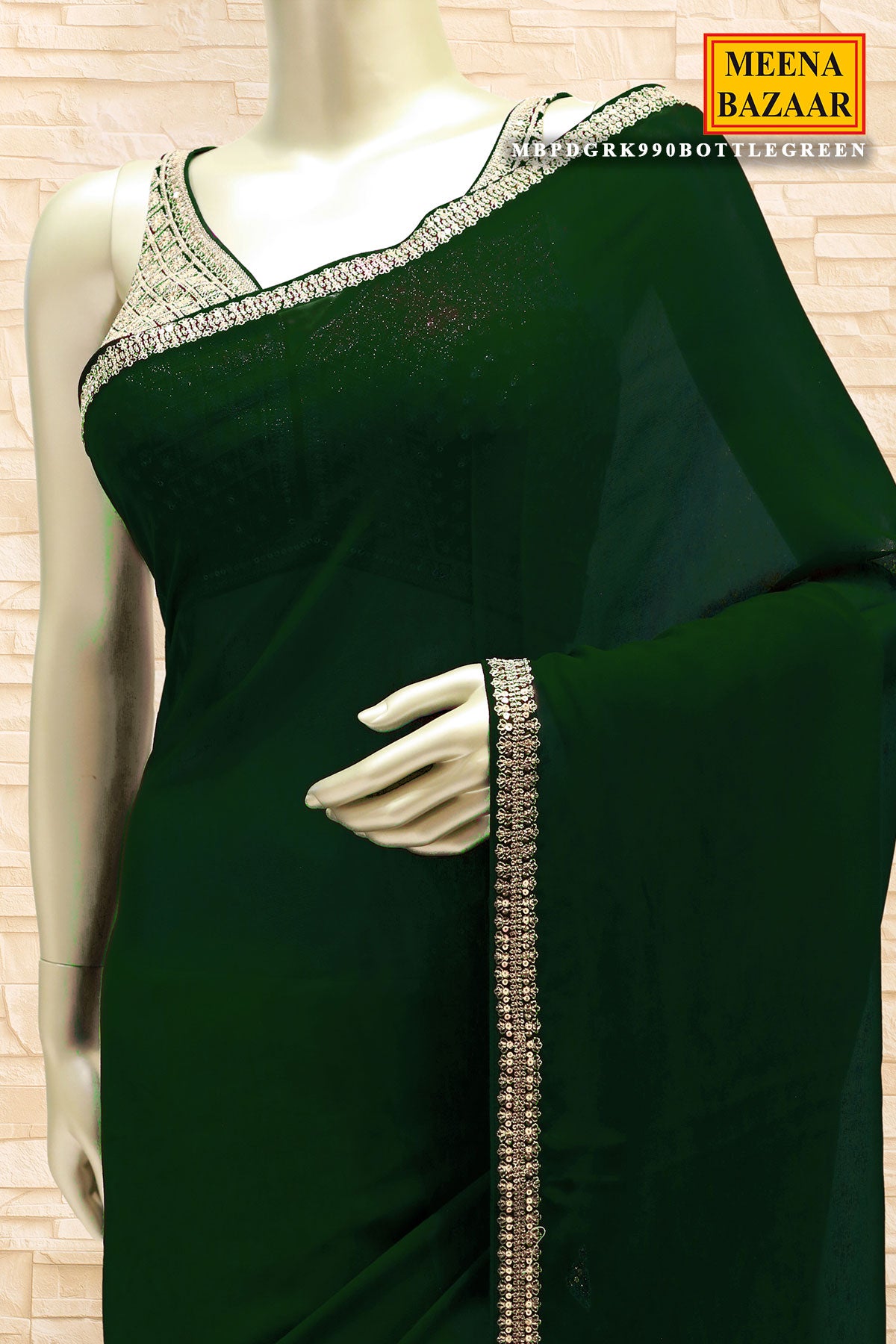 Bottle Green Georgette Sequin Embroidered Saree