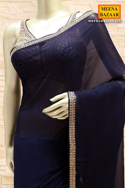 Navy Georgette Sequin Embroidered Saree