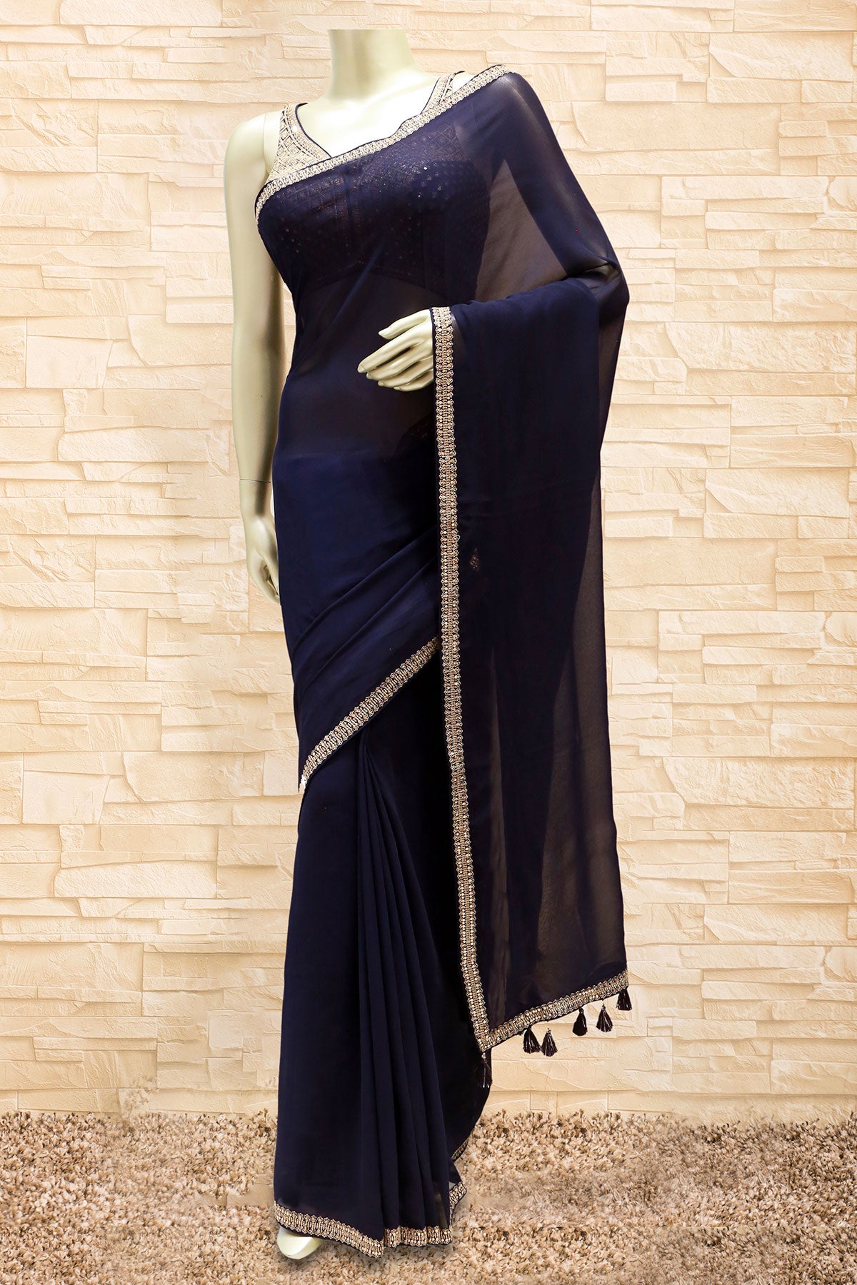 Navy Georgette Sequin Embroidered Saree