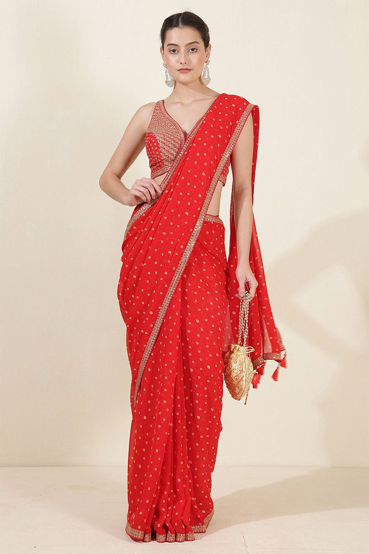 Red Bandhani Printed Zari Embroidered Georgette Saree With Ready Blouse