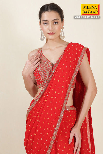 Red Bandhani Printed Zari Embroidered Georgette Saree With Ready Blouse