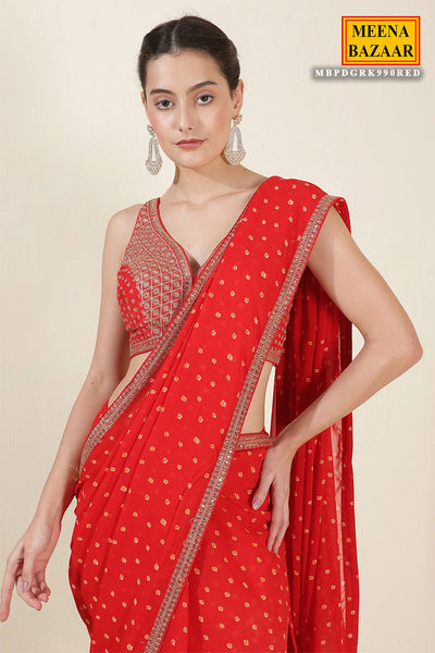 Red Bandhani Printed Zari Embroidered Georgette Saree With Ready Blouse