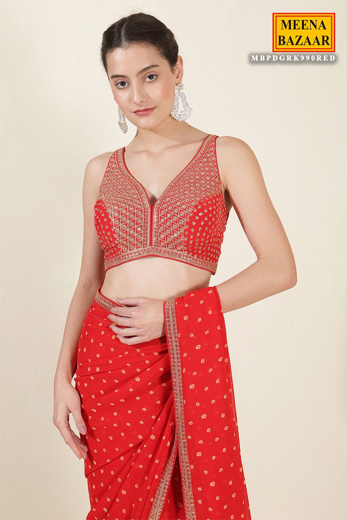 Red Bandhani Printed Zari Embroidered Georgette Saree With Ready Blouse