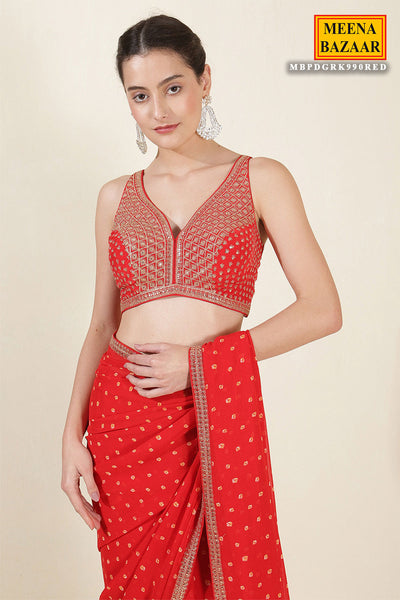 Red Bandhani Printed Zari Embroidered Georgette Saree With Ready Blouse