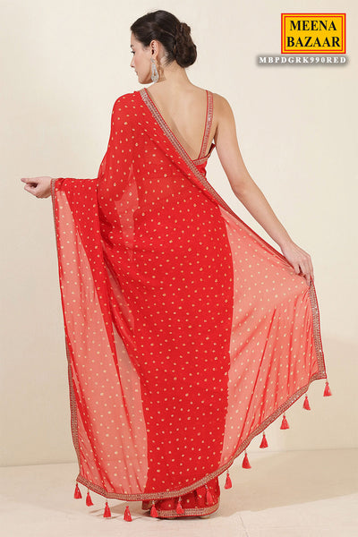 Red Bandhani Printed Zari Embroidered Georgette Saree With Ready Blouse