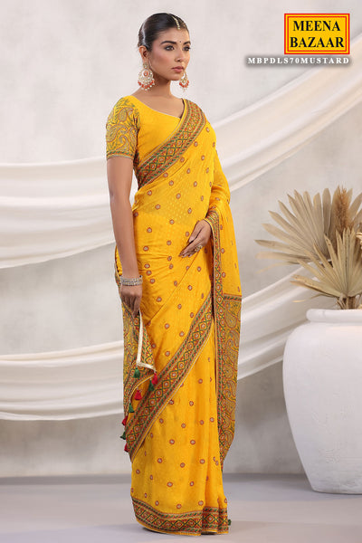 Mustard Jacquard Crepe Floral and Paisley Motif Embroidered Saree