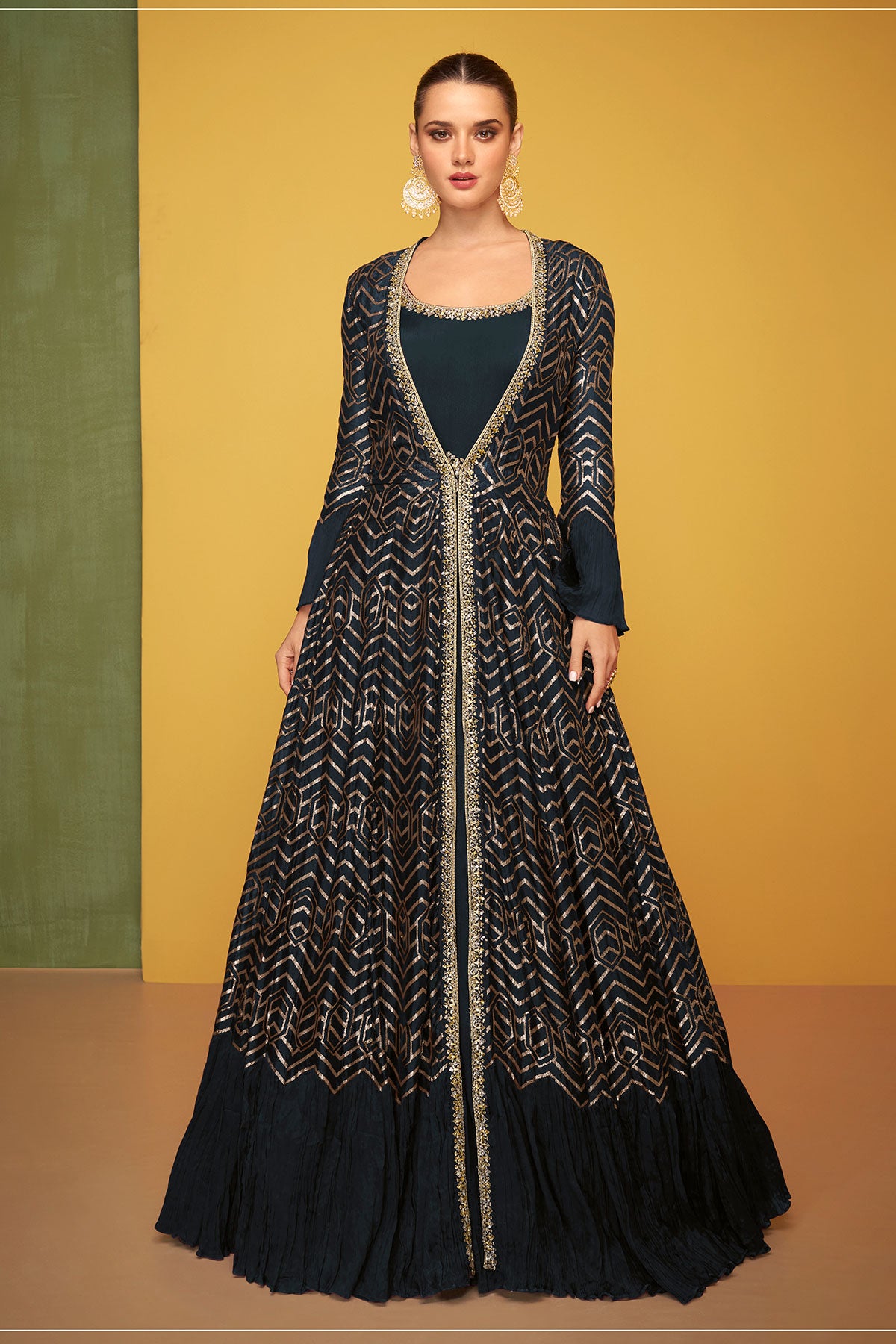 Navy Silk Embroidered Jacket Style Anarkali Gown