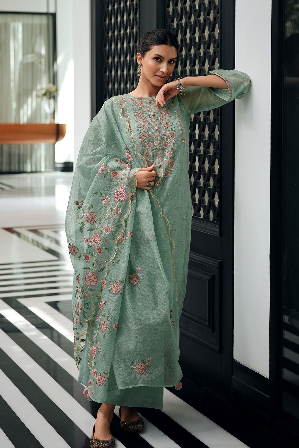 Cross Stitched Thread Embroidered Sea Green Net Suit