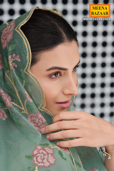 Cross Stitched Thread Embroidered Sea Green Net Suit